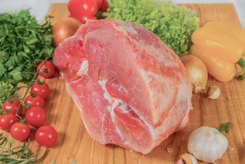 Juicy raw meat, beef entrecote on black background, top view