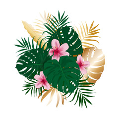 Tropical flower bouquet of green and gold palm leaves, leaves of monstera and flowers of hibiscus. Exotic template for design, print, poster, party, template, summer background, clip art. Vector. © Olga