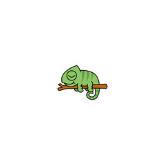 Lazy chameleon sleeping on a branch cartoon, vector illustration