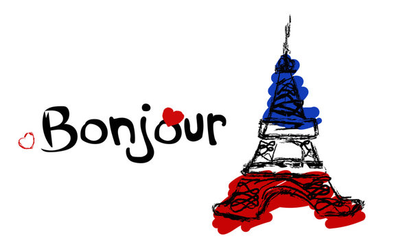 Illustration Bonjour text France Eiffel tower