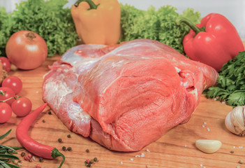 Juicy raw meat, beef entrecote on black background, top view