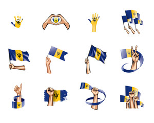 Barbados flag and hand on white background. Vector illustration