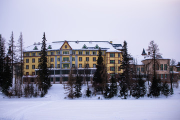 Fototapeta na wymiar Hotel at Strbske pleso in Slovakia in High Tatras mountains