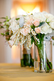 bridal wedding bouquet in a glass jar before the wedding ceremony, White and pink flowers