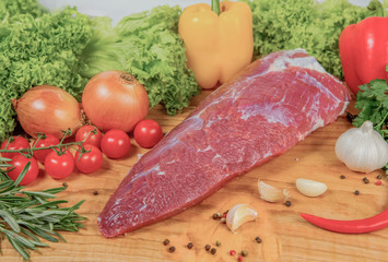 Juicy raw meat, beef entrecote on black background, top view
