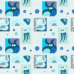 Seamless vector background with hand drawn decorative childlike fish, jellyfish, octopus, starfish. Graphic illustration. Print for wrapping, wallpaper, background, surface, packaging