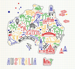Map of the Australia and Travel Icons. Australia Travel Line Icons Map.