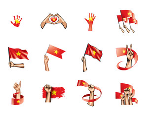 Vietnam flag and hand on white background. Vector illustration