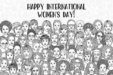 Banner for international women's day - a variety of women's faces from all over the world, diverse group of hand drawn women - 247851324