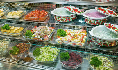Top view of freshly prepared delicious Mediterranean dishes assorted in the restaurant, buffet