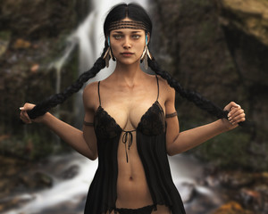 Attractive Native American Indian female with long black braided hair posing with a seductive baby doll silky Lingerie outfit with traditional headdress and a waterfall background. 3d rendering
