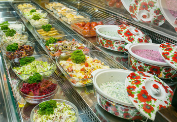Top view of freshly prepared delicious Mediterranean dishes assorted in the restaurant, buffet