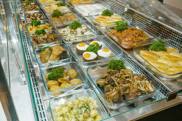 Top view of freshly prepared delicious Mediterranean dishes assorted in the restaurant, buffet