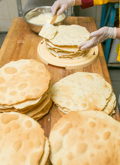 Cooking process. Preparation of multilayer cake. Cork for the domestic sorcerer. A big pile of...