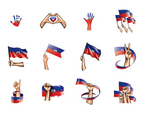 Haiti flag and hand on white background. Vector illustration