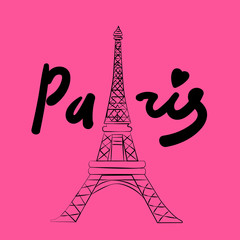 Illustration vector of Eiffel Tower with inscription Paris against bright pink background. Famous landmark. Paris symbol. Decor