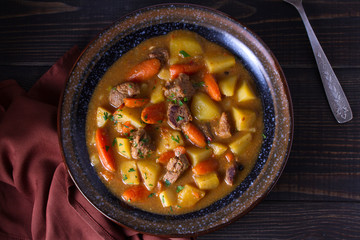 Irish beef and stout stew. View from above, top studio shot