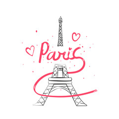Vector illustration of Eiffel tower with inscription Paris and rosy hearts. Romantic city. Symbol of love. France. Graphic shot