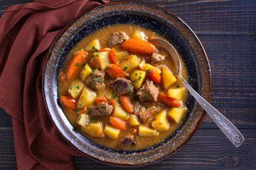Irish beef and stout stew. View from above, top studio shot