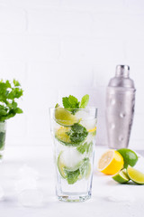 Summer mint lime refreshing cocktail mojito with ice in glass , fresh ingredients and cocktail  shaker
