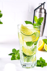 Summer mint lime refreshing cocktail mojito with ice in glass , fresh ingredients and cocktail  shaker