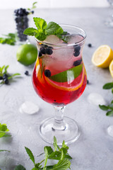 Cold summer homemade fruit and berries lemonade. Mojito, lemonade or sangria in glass.