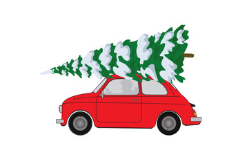 SMALL RED VEHICLE WITH CHRISTMAS TREE ILLUSTRATION VECTOR