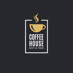 Coffee cup logo. Coffee house label on black - 247855389
