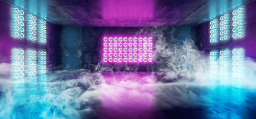 Smoke Sci Fi Futuristic Neon Led Laser Glowing Modern Empty Dark Vibrant Blue Purple Pink Glowing Stage Podium Lights On Reflective Grunge Concrete Tunnel Club Room 3D Rendering
