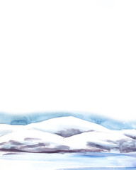 Fototapeta na wymiar Page template. Watercolor abstract landscape. Ice fields, cold mountains. Light cloudy sky. Hand drawn on a paper illustration.