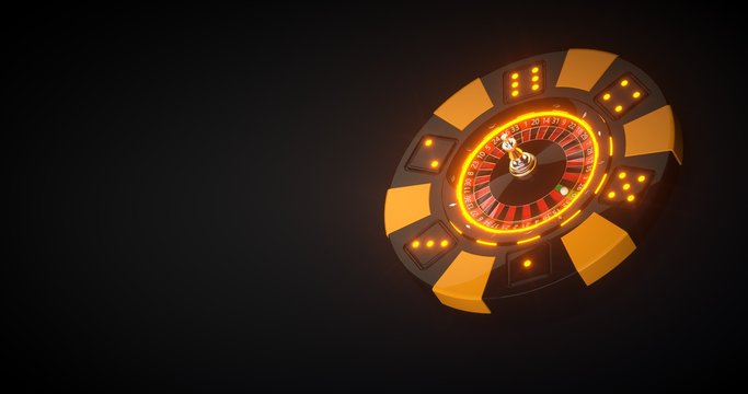 3D Rendering Of Casino Chip With Roulette Wheel Inside With Neon Lights - Isolated On The Black Background