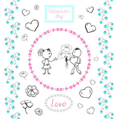Set of drawings for Valentine's day heart, couple in love, flowers for decoration of greeting cards