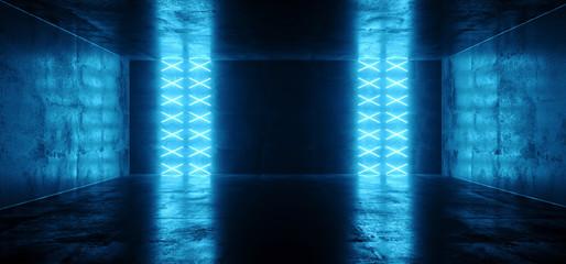 Sci Fi Futuristic Neon Led Laser Glowing Modern Elegant Empty Dark Vibrant Blue Glowing Stage Podium Lights On Reflective Grunge Concrete Tunnel Corridor Club Room 3D Rendering
