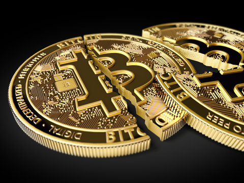 Stack of broken or cracked Bitcoin coins laying on black background. Bitcoin crash concept. 3D rendering