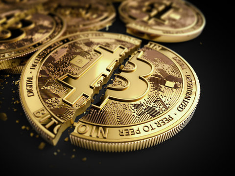 Close-up shot on broken or cracked Bitcoin coins laying on black background. Bitcoin crash concept. 3D rendering