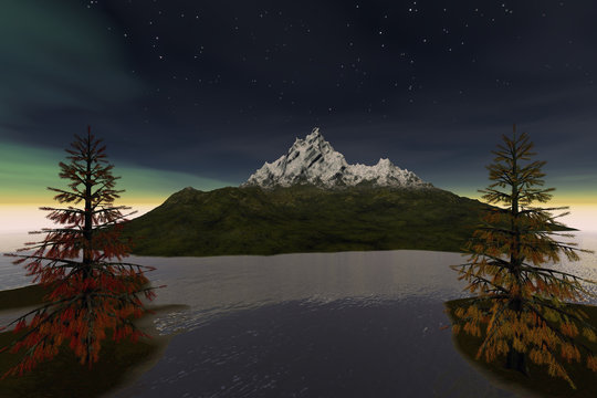 Snowy mountain, a night landscape, coniferous trees, wonderful waters, aurora and stars in the sky.