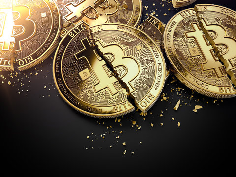 Close-up shot on broken or cracked Bitcoin coins laying on black background. Bitcoin crash concept. 3D rendering
