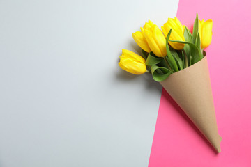 Beautiful tulips for Mother's Day on light background, top view