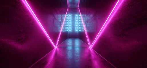 Sci Fi Futuristic Neon Led Laser Glowing Modern Empty Dark Vibrant Blue Purple Pink Glowing Stage Podium Lights On Reflective Grunge Concrete Tunnel Club Room 3D Rendering