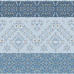 Seamless ethnic patterns for border. Repeated oriental motif for fabric or paper design. Colored frieze in Arabic style.