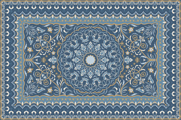 Vintage Arabic pattern. Persian colored carpet. Rich ornament for fabric design, handmade, interior decoration, textiles. Blue background. - 247857121