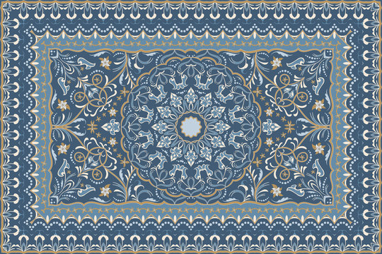 Vintage Arabic pattern. Persian colored carpet. Rich ornament for fabric design, handmade, interior decoration, textiles. Blue background.