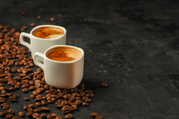 coffee freshly brewed in a white cup serving of beverage (coffee grain). food. top.copy save