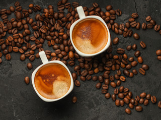 coffee freshly brewed in a white cup serving of beverage (coffee grain). food. top.copy save