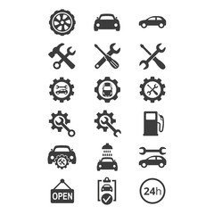 Car service and repair icons set on white background.