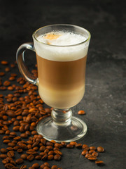 coffee freshly brewed in a white cup serving of beverage (coffee grain). food. top.copy save