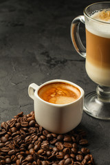 coffee freshly brewed in a white cup serving of beverage (coffee grain). food. top.copy save