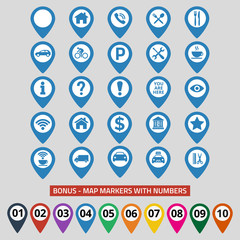 Map pin location icons set on gray background.