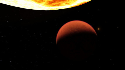 Exoplanet 3D illustration orange planet fiery hot against the bright sun (Elements of this image furnished by NASA)