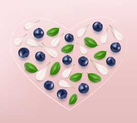 Heart from blueberries, leaves and petals on pink background. Top view. Valentine's background.